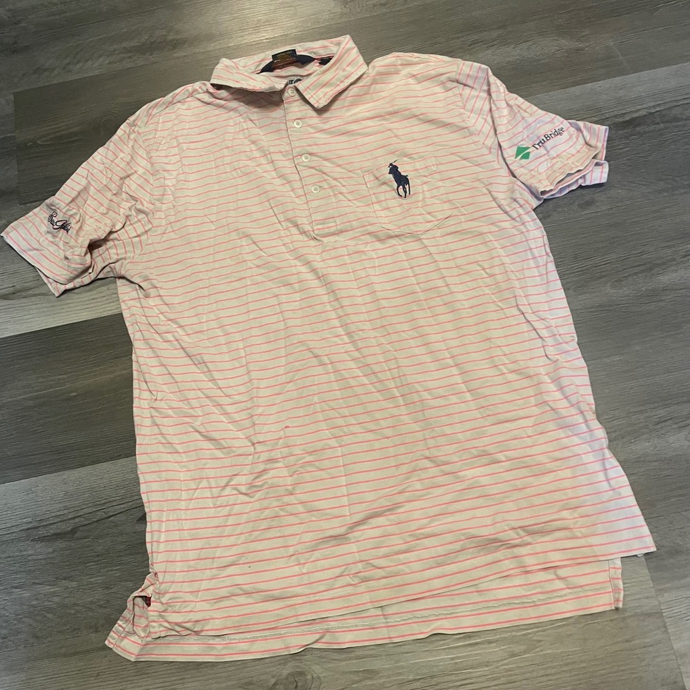 Polo Golf Ralph Lauren Mens Large Vintage Lisle Striped Pocket Polo Shirt Pink